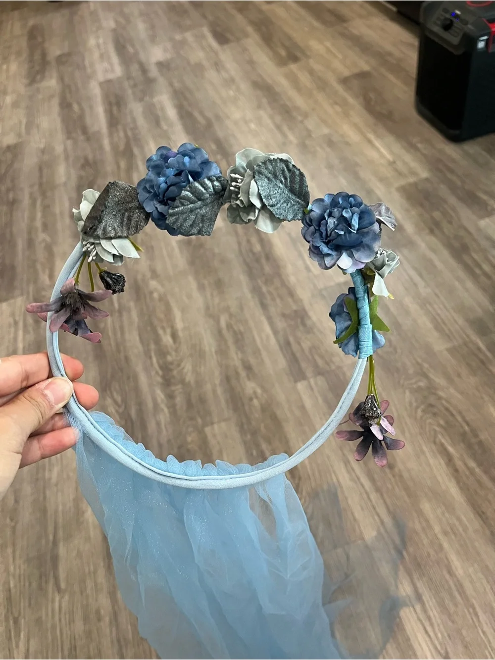 Blue Tulle Veil with Floral Crown Hoop